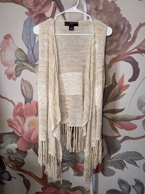 Beige Fringe Open-Front Knit Vest Cardigan - M